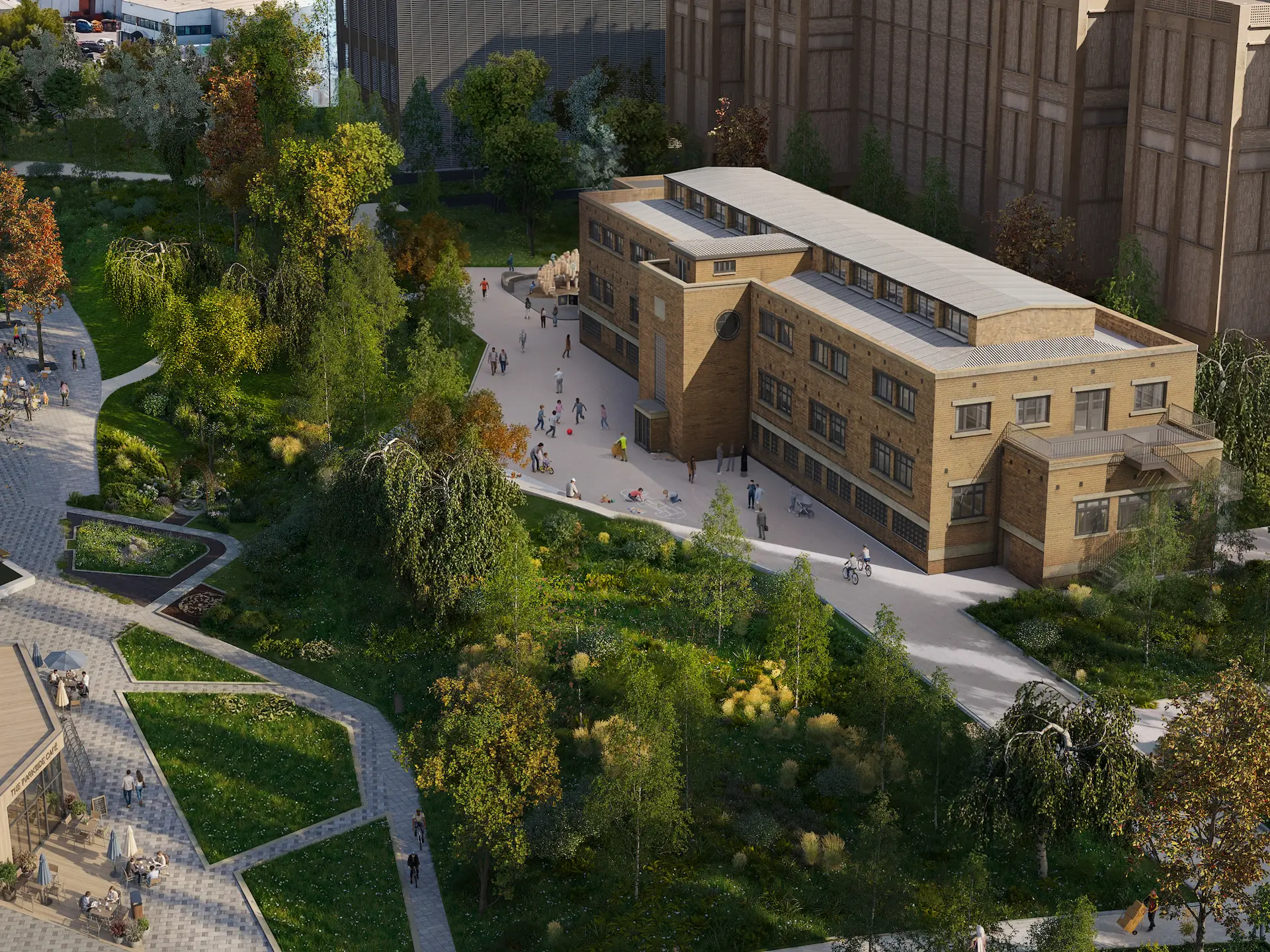 Indicative view of the eastern part of the site, showing the retained and restored Stone Foundries building and surrounding green space.