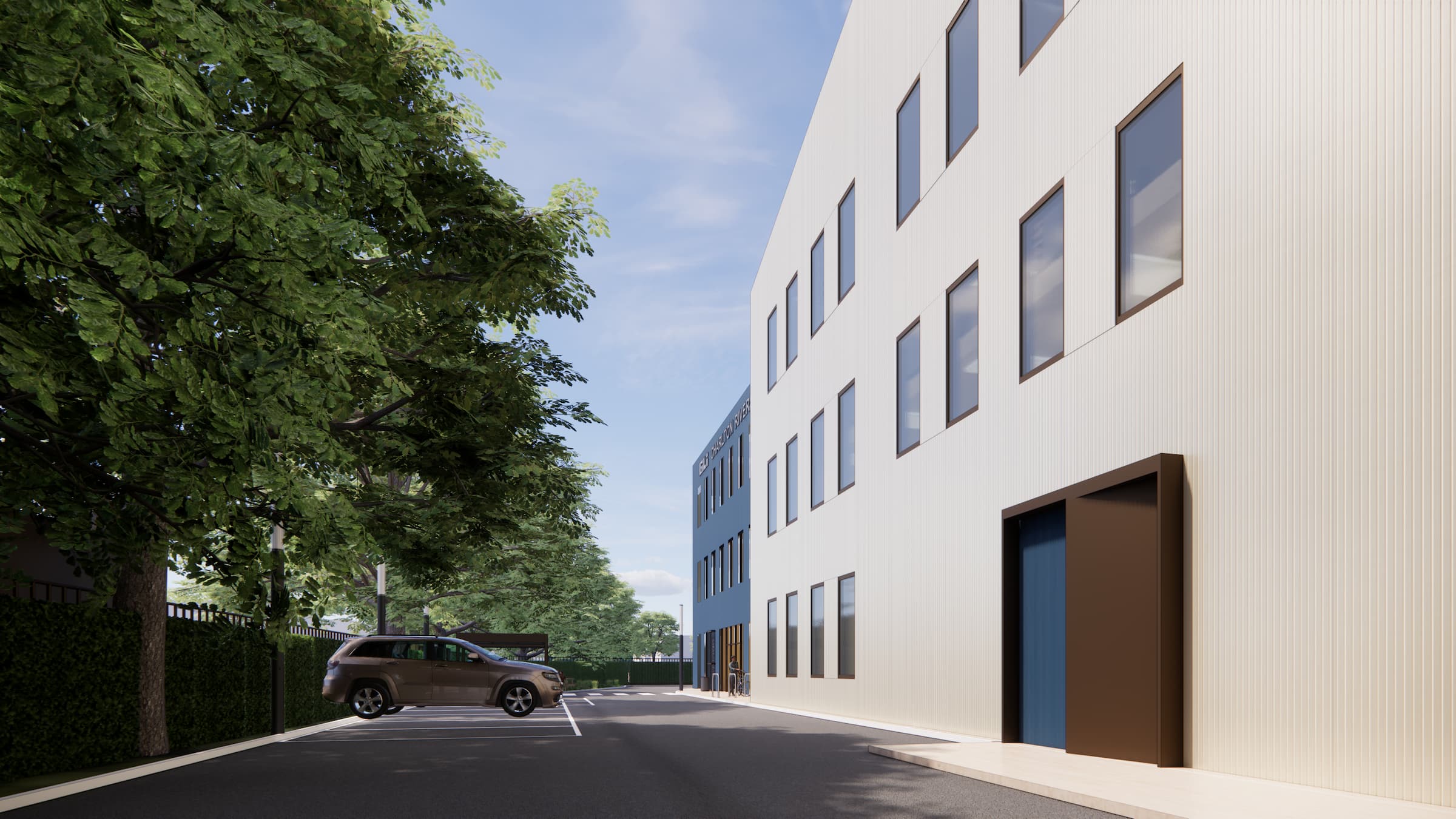 CGI showing the car park and divide between office and warehouse sections.