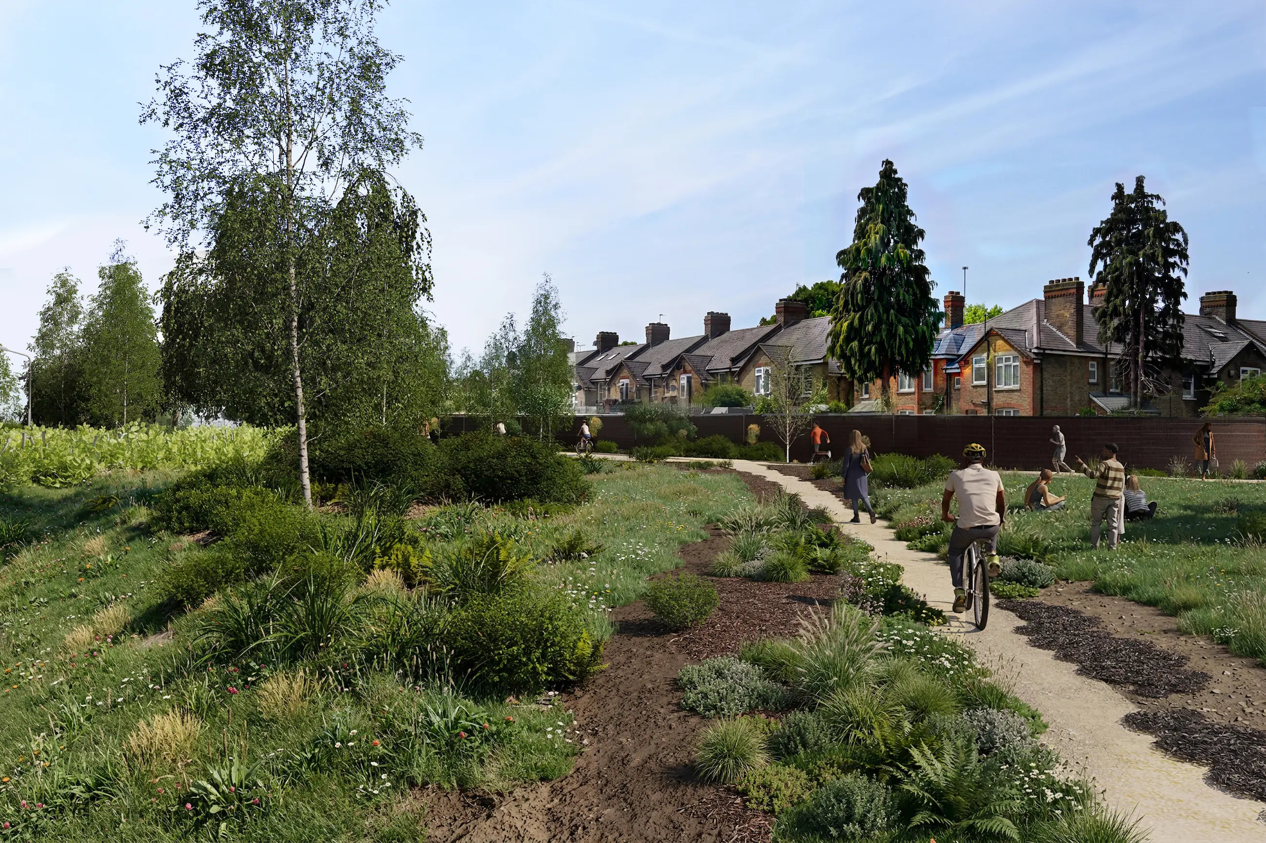 CGI of proposed green space behind Derrick and Atlas Gardens.